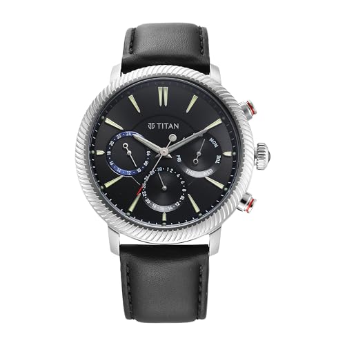 Titan Stellar Quartz Multifunction Black Dial Black Leather Strap Watch for Men - NT10012SL01
