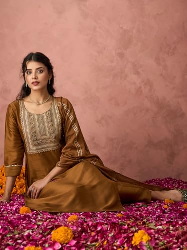 Hritika Women's Brown Silk Blend Embroidered Kurta Set with Dupatta_RE_HRKBD0200BROWN_L