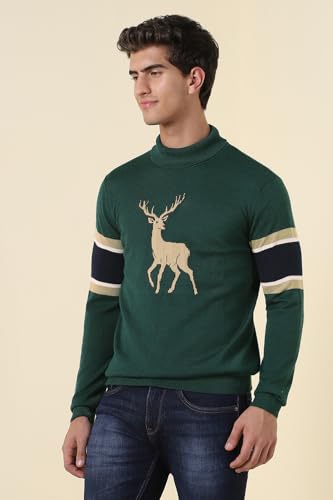 Men Green Print Turtle Neck Full Sleeves Sweater