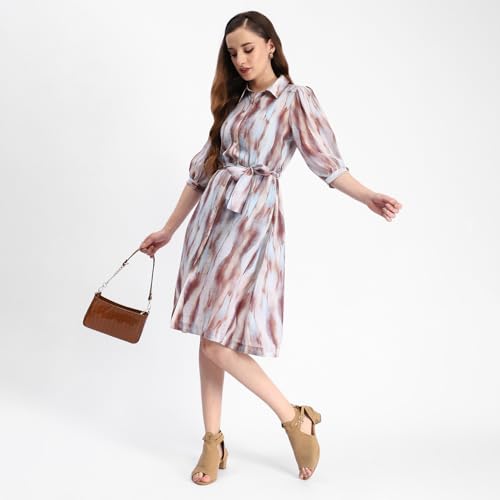 Madame Blue Abstract Print Belted A Line Midi Dress