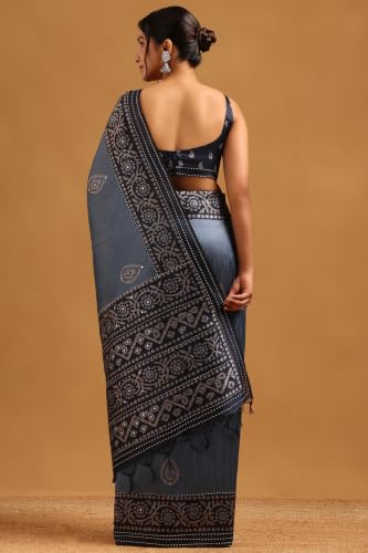 Soch Womens Blue Tussar Kantha Embroidered Saree With Mirror Work