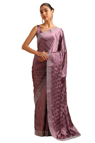 Soch Womens Lavender Satin Swarovski Stone Embellished Embroidered Border Saree
