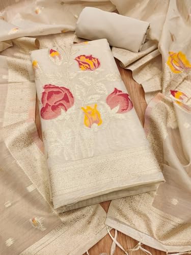 SHANTVAN GALLERY Unstitched Dress Material for Women Cotton Dress Material for Women Tissue Shimmer Top 0.5m Sleeves Semi Cotton Bottom 2.5m Jacquard Dupatta 2.3m Tassels Suit Set - White
