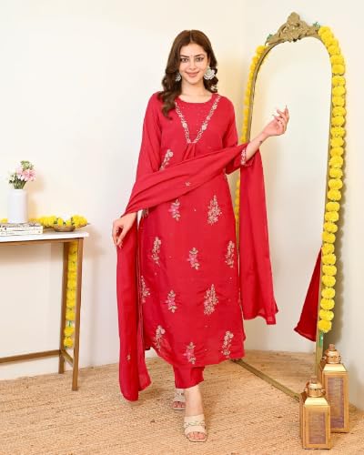Women's Red Chanderi Embroidered Straight Kurta Set With Dupatta And Pant