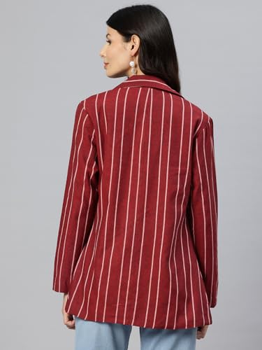Cottinfab Women Maroon & White Striped Single-Breasted Pure Cotton Casual Blazer