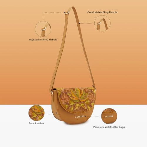 Caprese Siji Tresna Medium Crossbody Bag for Women with Adjustable Strap & Zip Closure | Kashida Velvet Embroidery Sling Bag | Stylish & Lightweight Bag for Daily Use, Travel & Casual Outings (Brown)