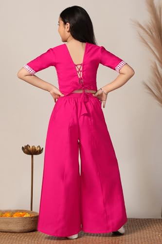 Fashion Dream Girl's Silk Blend Ethnic Top and Palazzo Set |Kids Salwar Suit Set|Embroidered Suit for Girls|Indo Western Set (FDGSET00226 PNK 24_Pink_5-6 Years)