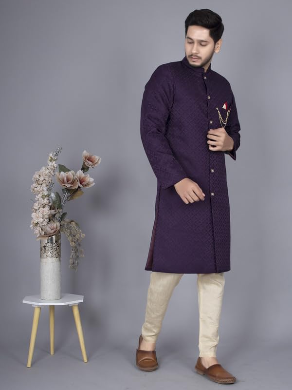 Amzira Men's Wine Heavy Jacquard Indo Western Set - Elegant Traditional Design with Intricate Jacquard Detailing, Perfect for Special Occasions, Celebrations and Parties, Comfortable and Trendy Fit