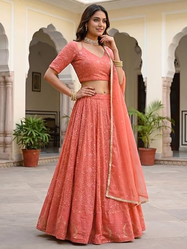 Zeel Clothing Women's Sequins Thread Embroidered Georgette Lehenga Choli With Dupatta (7083-Peach-Women-New-Lehenga-Choli; Free size) (Peach)