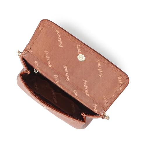 Fastrack brown Sling | Faux-Leather Women’s Handbag | Button-Closure Sling with Metal Accent Strap