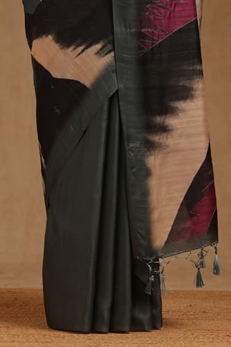 Soch Womens Grey Tussar Hand Embroidered Tropical Saree