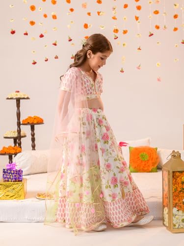 Pspeaches Girl's Cotton Readymade Lehenga Choli (L-Offwhitepinkbooti_Off White_10-12Y)