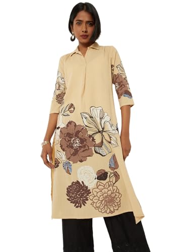 Max Women Floral Print A-line Kurta(Beige_L)