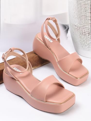 ELLE Women Wedge Heel Sandal, Peach, UK-5