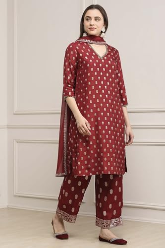 Biba Women Green-Maroon Viscose Gathered Yarndyed Suit Set_38