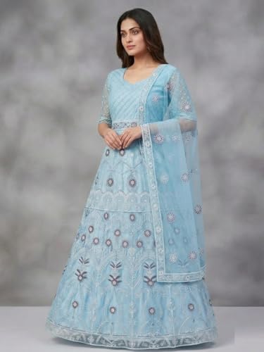 JULEE Women's Net Embroidered Semi-Stitched Gown Kriti Gown Firozi-GEM