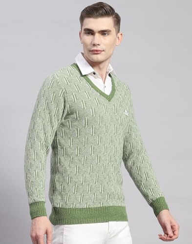 Monte Carlo Mens Green Solid V Neck Full Sleeve Wool Blend Casual Sweater (1239177VN-2-40)