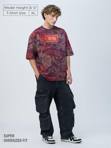 The Souled Store Originals: Sound of Waves Men and Boys Short Sleeves Round Neck Purple Embellished Lightweight Comfortable All-Season Cotton Oversized T-Shirts