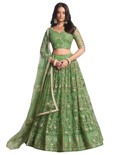 Zeel Clothing Women's Cotton Thread Sequins Work Embroidery Soft Net Readymade Lehenga Choli With Dupatta (Nfh-2205-Pista-Green-Women-Lehenga Choli Set Latest; Free Size)