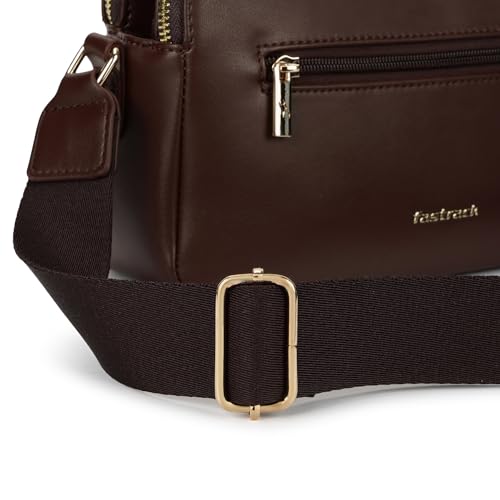 Fastrack Mocha Grid Sling | Faux-Leather Women’s Crossbody Bag | Multi-Compartment Sling with Gold Hardware & Zipper Closure
