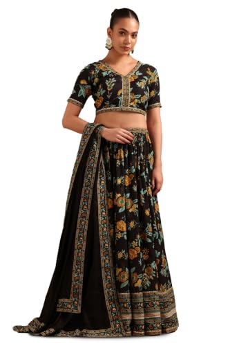 Soch Womens Black Cotton Botanical Lehenga Choli Set With Gotta Patti