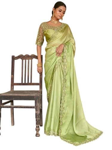 Zeel Clothing Women's Lime Green Embellished Embroidered Satin Saree with Blouse (ZURI-1106-Lime-Green-Sarees-For-Womens, Lime Green)