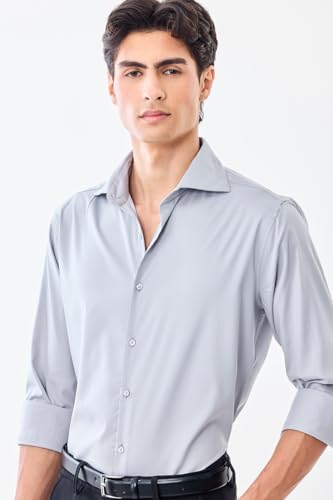 SNITCH Men Formal Shirt | Slim Fit Full Sleeve Spread Collar Solid Design | Premium Polyester Viscose Blend & Wrinkle-Resistant Fabric for Office & Special Occasions | Light Grey