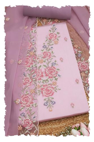 Soch Womens Lavender Crinkle Chiffon Embroidered Unstitch Dress Material With Stone Work