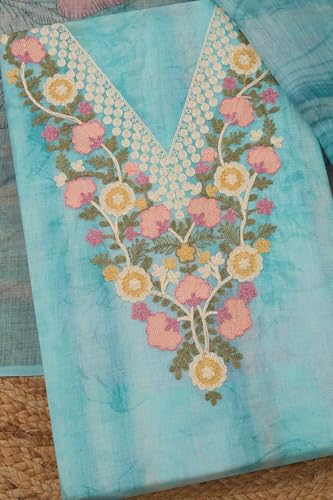 Soch Womens Powder Blue Linen Blend Floral Print Unstitch Dress Material With Thread Work