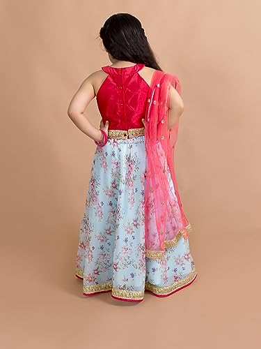 Pspeaches Girls Polyester Red Blue Floral Readymade Lehenga Choli Set (Red-7-8Y), 7-8 Years