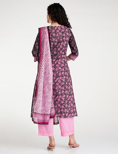BIBA Cotton Women Printed Straight Salwar Kurta Dupatta(Skdassorted7477E_Black_34)