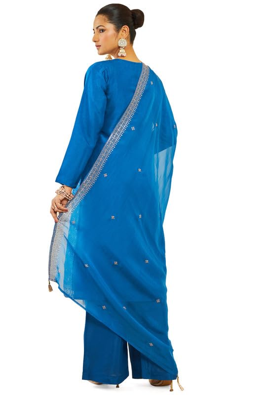 Soch Womens Blue Silk Unstitched Dress Material With Zari Woven Floral Designs And Embroidery