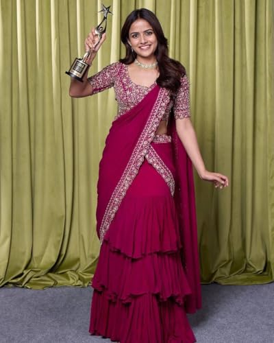 infabzon Ready To Wear Western Drape Lehenga Choli Set For Women Georgatte Fabric On 3 Layer Rufeel Embrodery Sequance Work Fully Stitched (Gajari, XL)