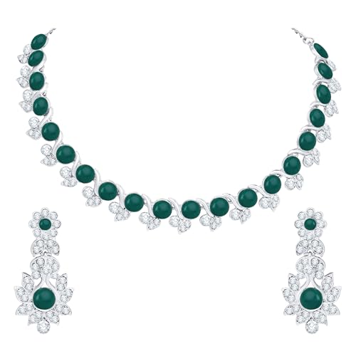 Atasi International Silver Plated Emerald Green Crystals Women's Necklace Set | Jewellery Set With Earrings | RDG5764