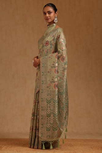 Soch Womens Light Green Chanderi Floral Woven Design Saree