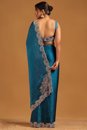 Soch Womens Blue Fendy Organza Embellished Saree With Stone Work