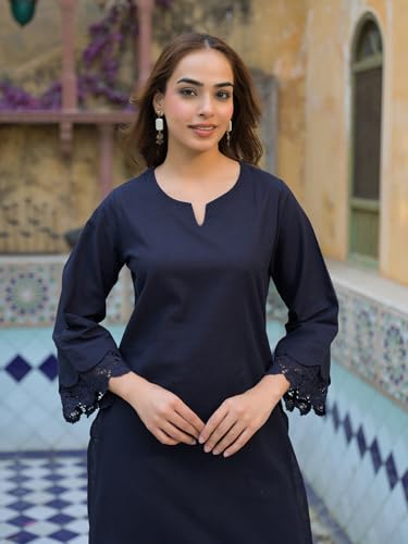 Divena Navy Blue Cotton Straight Fit Lace Border Kurta with Trouser