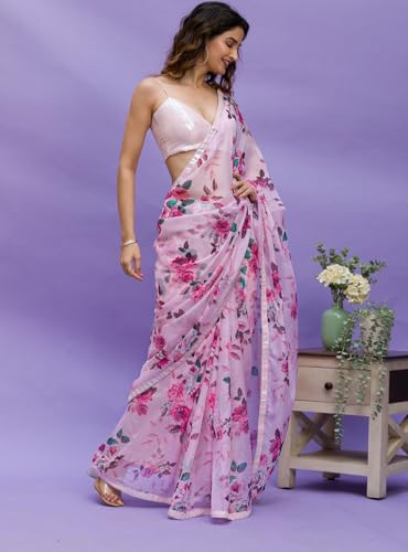 Panzora Women's Chinon Digital Printed Saree With Unstithced Blouse Piece
