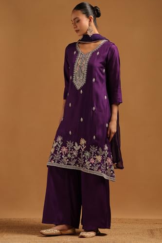 Soch Womens Purple Roman Silk Floral Salwar Suit With Cutdana