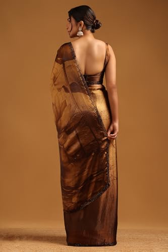 Soch Womens Brown Organza Botanical Saree With Stone Work