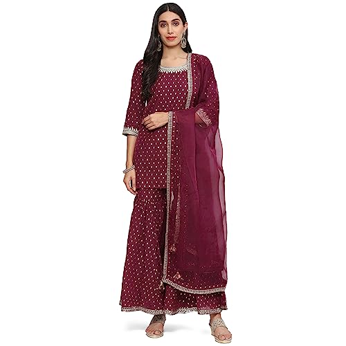 BIBA WOMEN YARNDYED RELAXED SALWAR KURTA DUPATTA(SKDBANARAS8142_WINE_32)