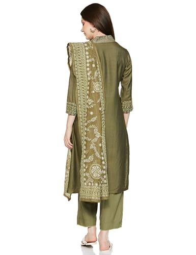 BIBA WOMEN EMBROIDERY STRAIGHT SALWAR KURTA DUPATTA(SKDKANTHA K8165_SAGE GREEN_42)
