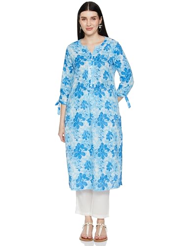 BIBA WOMEN PRINTED NARROW SALWAR KURTA DUPATTA(SKD7435E_BLUE_32)