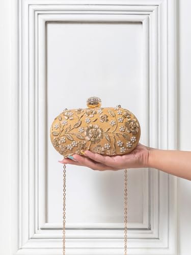 THE TAN CLAN Hand Embroidered Luxury Clutch Purse for Women | Evening Hand Clutch Bag | Ladies Party Wedding Purse with Chain Strap | Ethnic Woman Handbag Gift for Birthday, Anniversary, Gold