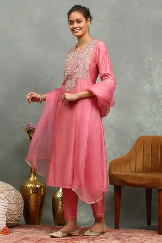 Rangriti Women Pink Viscose Blend Embroidered Kalidar Suit Set_32