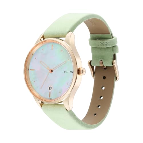 Titan Classique 3 Hnads +Date MOP Round Dial Rose A1Leather Strap Women's Watch - 2670WL04