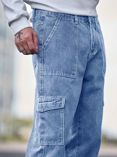 KOTTY Men's Solid Loose Fit Street Style Utility Wear Baggy Cargo Jeans(Blue,32)