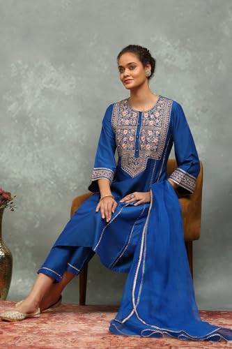 Rangriti Women Blue Viscose Blend Embroidered Kalidar Suit Set_36