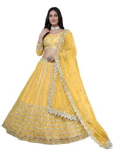 Zeel Clothing Women's Foil Embroidered Net Lehenga Choli With Dupatta (5029-Yellow-Women-Lehenga-Choli-Set, Free size)