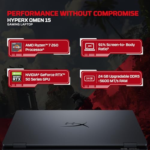 HP HyperX OMEN 15, AMD Ryzen 7 260, 8GB-RTX 5050, 24GB DDR5 (Upgradeable), 1TB SSD, 180Hz, 2.5K, 500 nits, 3ms resp time, 15.3''/38.9cm, Win11, Office24, Black, 2.42kg, gb0038AX, RGB, AI Gaming Laptop